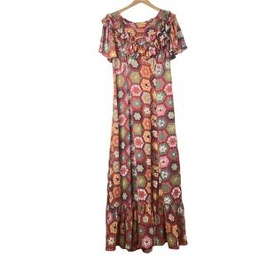 Urban Outfitters Retro Patchwork Quilt  ruffle maxi dress L Coraline Ruffle 70s